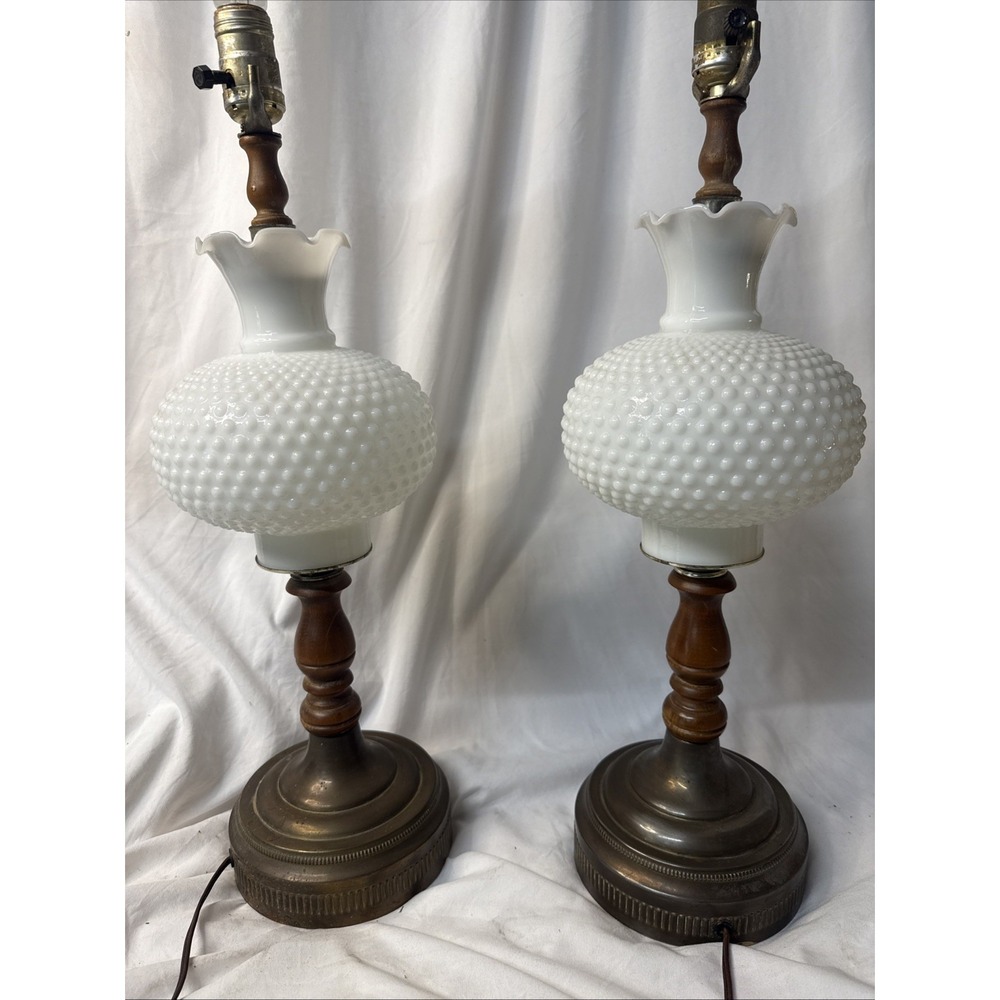 Vintage Hobnail Fluted Milk Glass & Turned Wood Table Brass Lamps Pair MCM Large